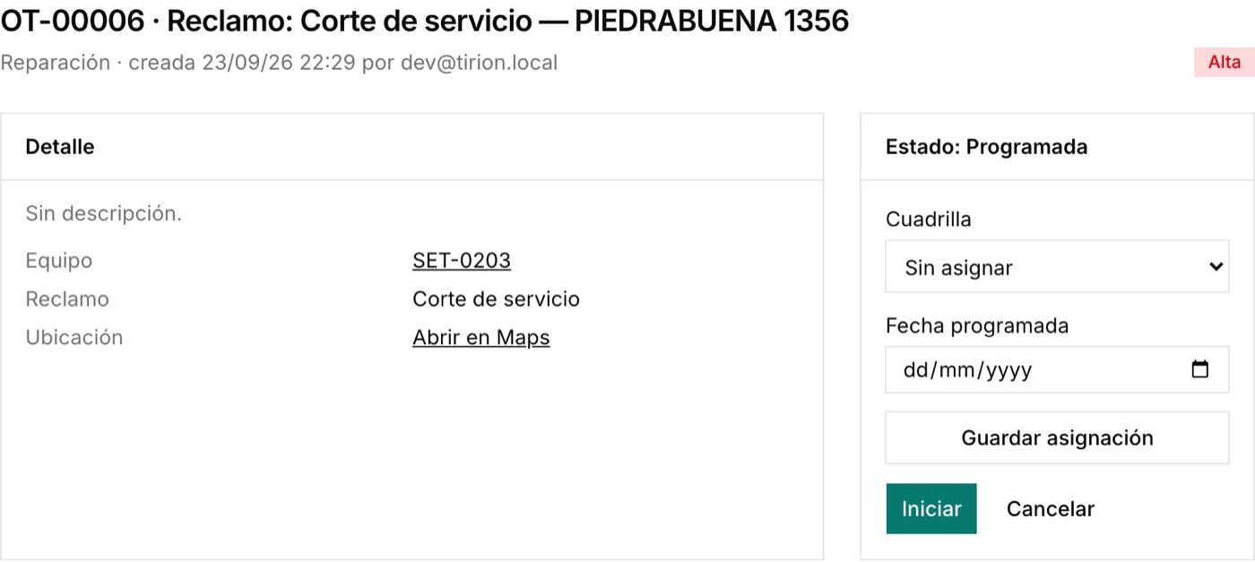 Work order for a service outage, with crew and scheduled date