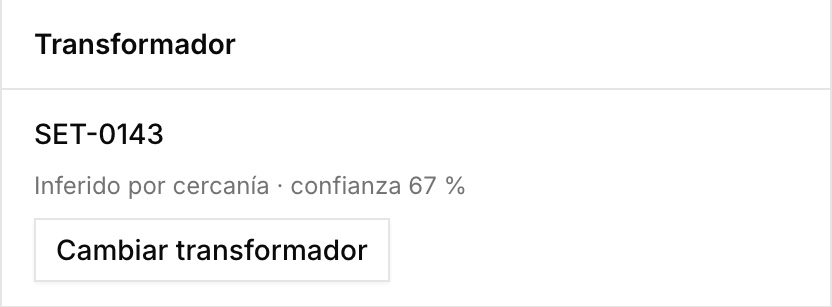 Transformer assigned to a service point, inferred by proximity with 67% confidence